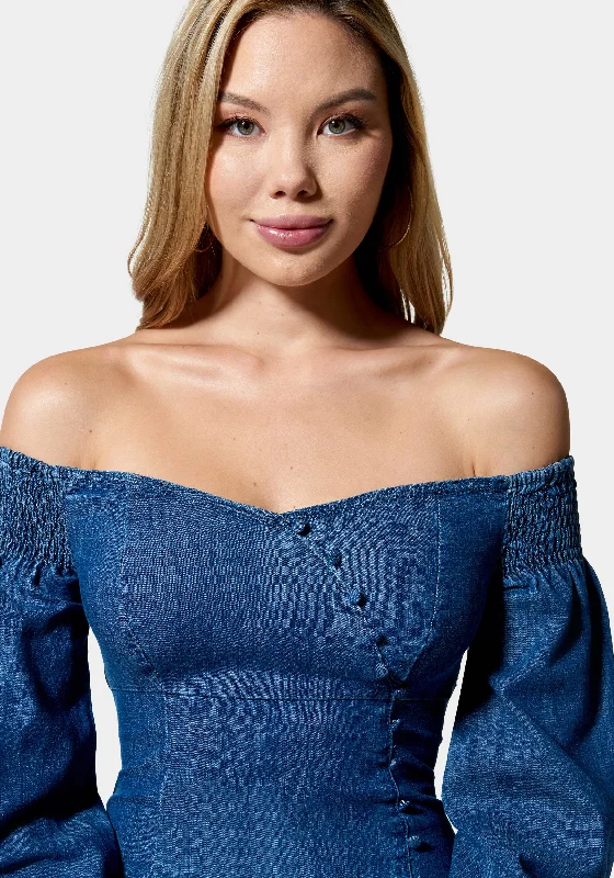 Denim Cold Shoulder Button Detail Dress