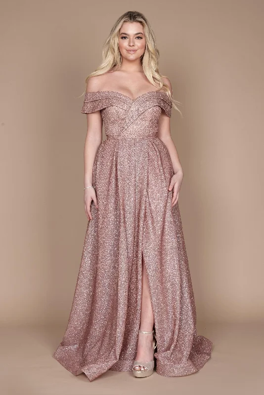 Dylan & Davids Long Off Shoulder Glitter Prom Dress