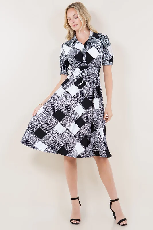 ELB PUFF SLVS ELASTIC WAIST DRESS - D3622-PLAID