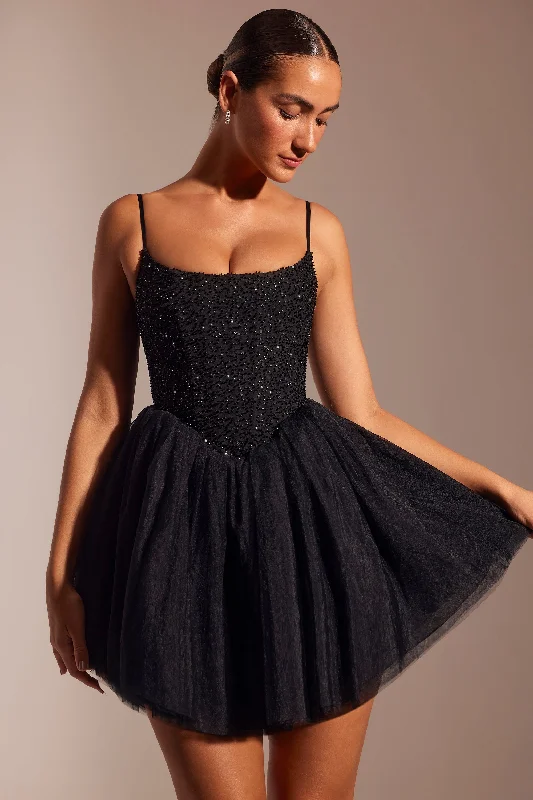 Embellished Corset Tulle Skirt Mini Dress in Black