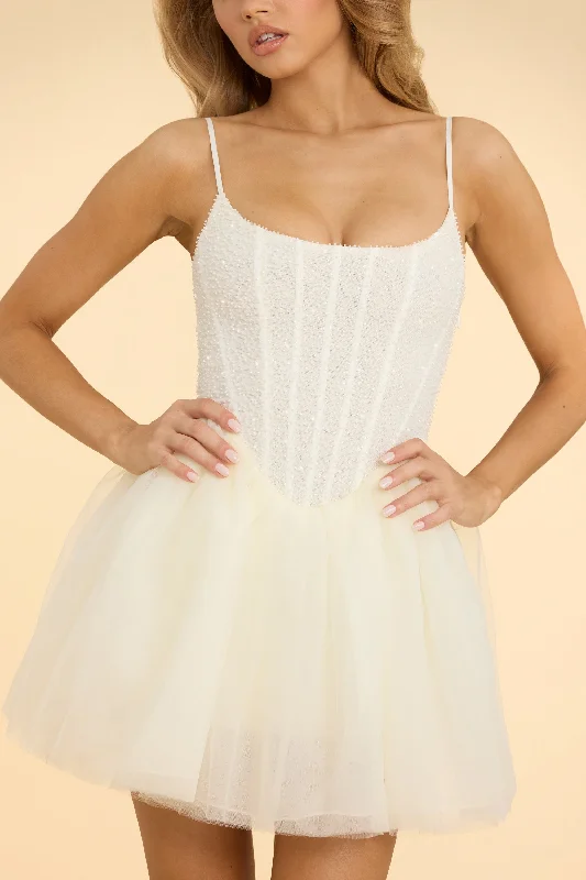 Embellished Corset Tulle Skirt Mini Dress in White