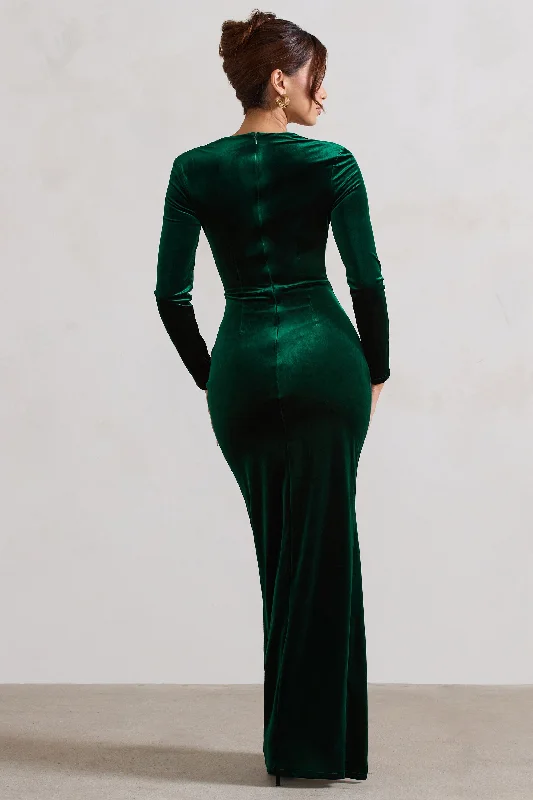 Fay | Bottle Green Velvet Corset Style Knot Maxi Dress