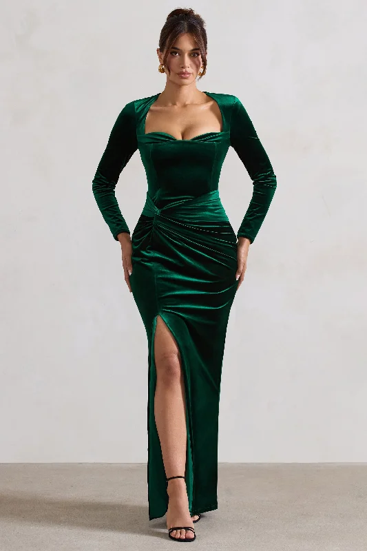 Fay | Bottle Green Velvet Corset Style Knot Maxi Dress