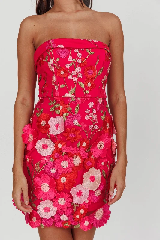 Flora Day Strapless Floral Embellished Mini Dress Fuchsia