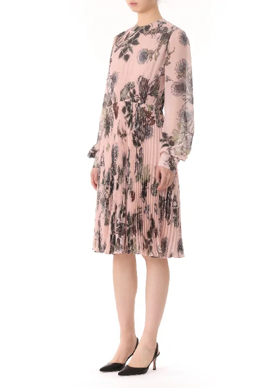 FOREST FLORAL LONG SLEEVE PLEATED DRESS