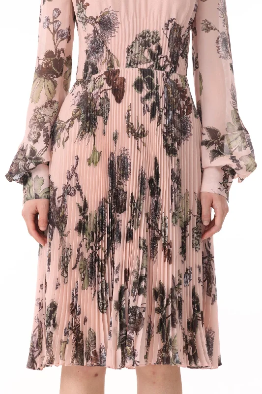 FOREST FLORAL LONG SLEEVE PLEATED DRESS