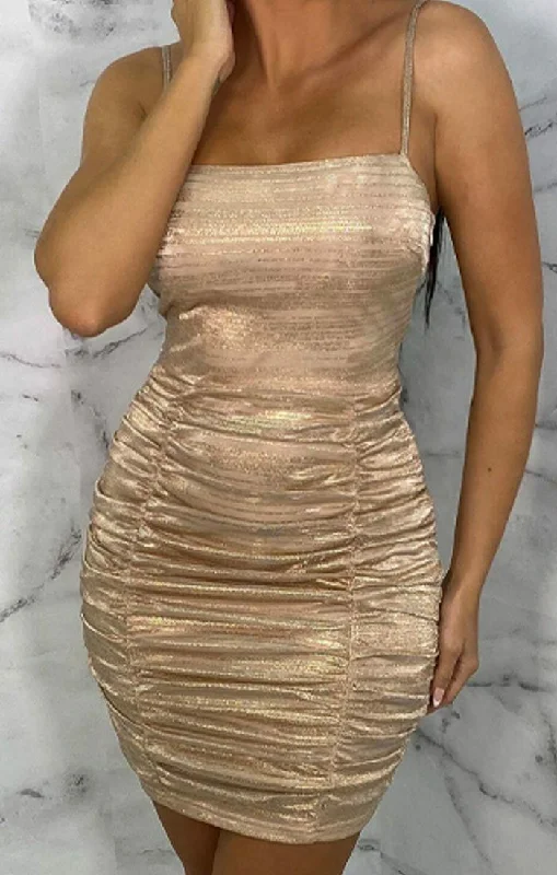 Gold Square Neck Ruched Bodycon Mini Dress - Charl