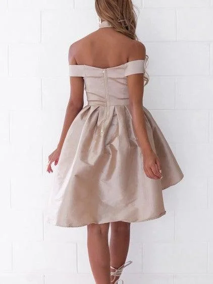 High Low Off-the-Shoulder Pleated Satin Homecoming Dress  PG182