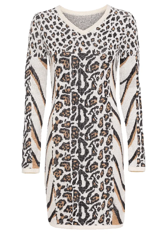 Animal print sweater dress - Beige & Black