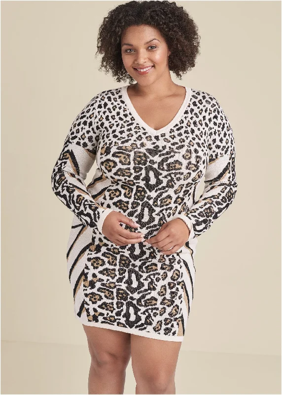 Animal print sweater dress - Beige & Black