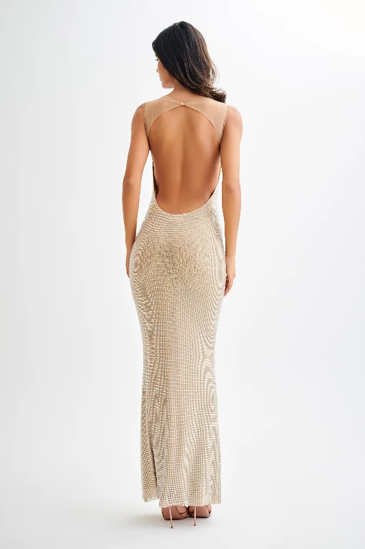 Jasmyn Hot Fix Maxi Dress With Mesh Back - Nude