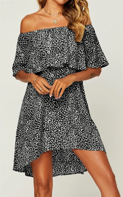 Leopard Print Bardot Frill Off Shoulder Mini Dress In Black