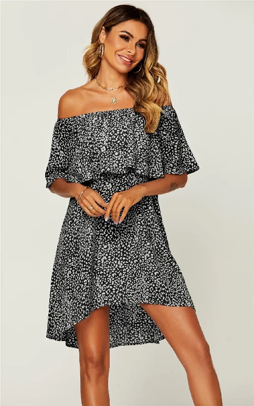 Leopard Print Bardot Frill Off Shoulder Mini Dress In Black