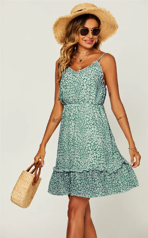 Leopard Print Hem Frill Detail Wrap Strappy Mini Dress In Green