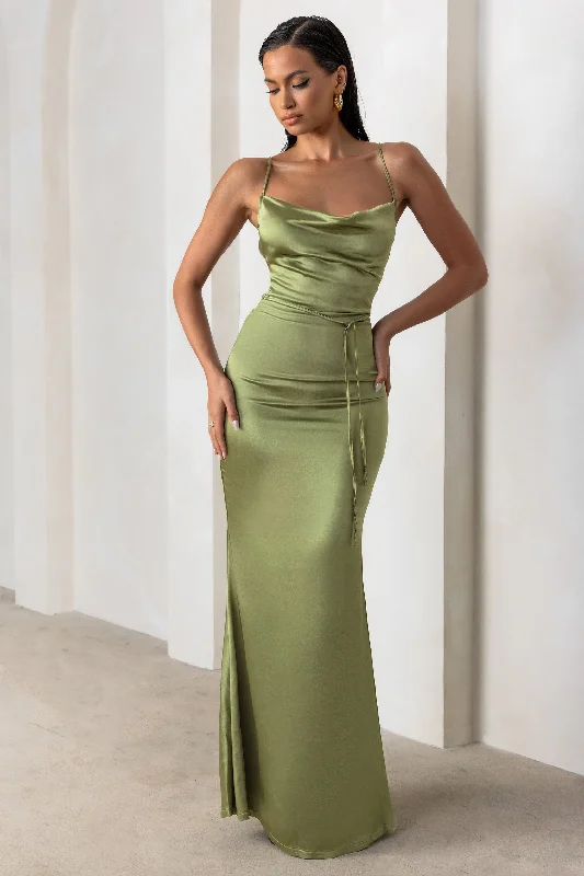 Lifetime | Olive Satin Cowl Neck Maxi Dress With Cross Back Detail