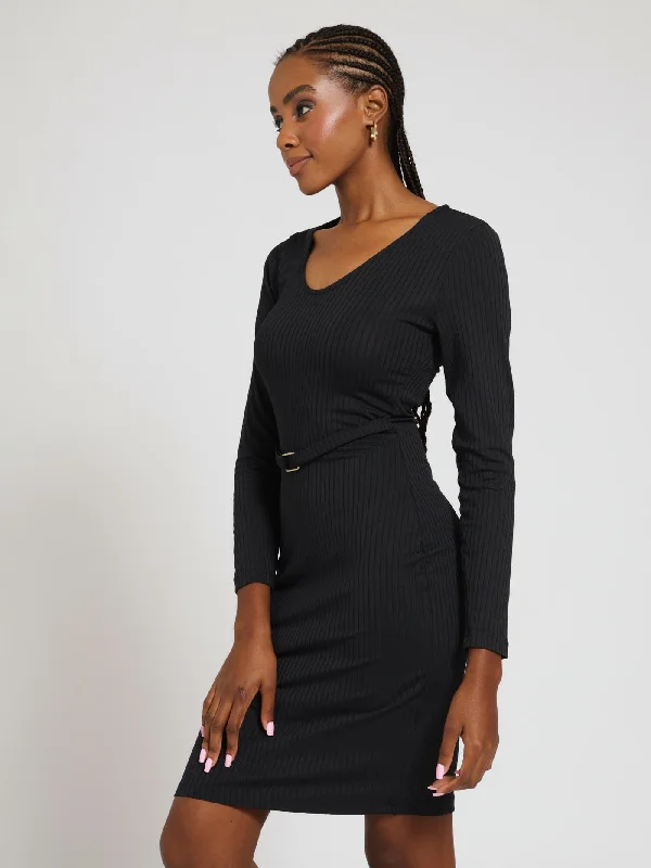 Long Sleeve Belted Trim Short Bodycon Dress - Black