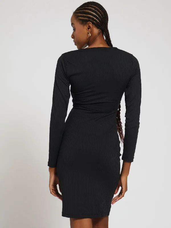 Long Sleeve Belted Trim Short Bodycon Dress - Black