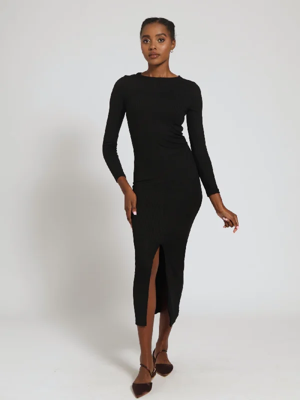 Long Sleeve Round Neck Rib Midi Dress - Black