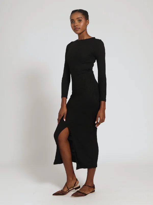 Long Sleeve Round Neck Rib Midi Dress - Black