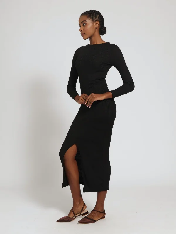 Long Sleeve Round Neck Rib Midi Dress - Black