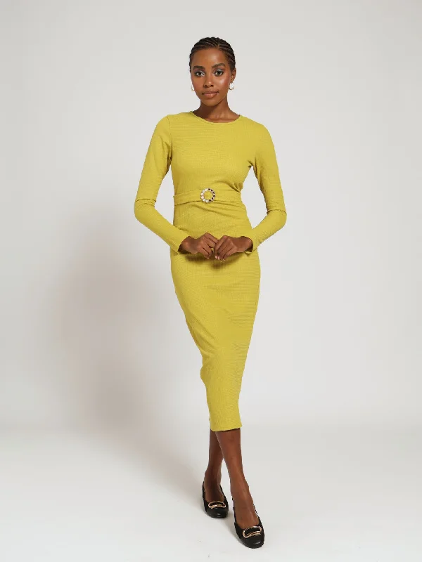 Long Sleeve Textured Knit Basic Midi Dress - Chartreuse