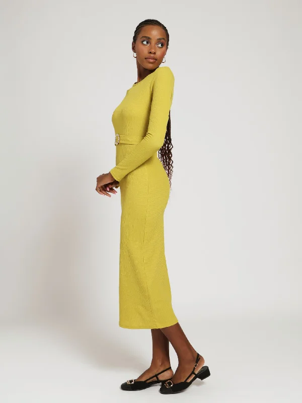 Long Sleeve Textured Knit Basic Midi Dress - Chartreuse