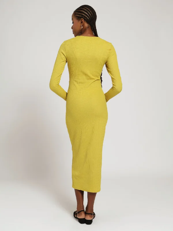 Long Sleeve Textured Knit Basic Midi Dress - Chartreuse