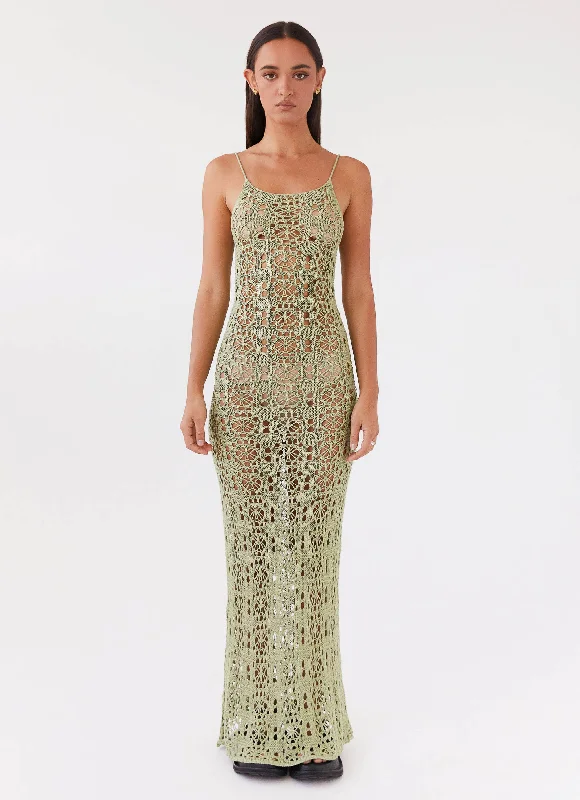 Luxora Crochet Maxi Cami Dress - Light Olive