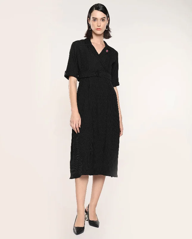 Rareism Women Maso Black Short Sleeves Lapel Neck Zip Closure A-Line Midi Plain Dress