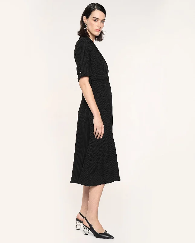 Rareism Women Maso Black Short Sleeves Lapel Neck Zip Closure A-Line Midi Plain Dress