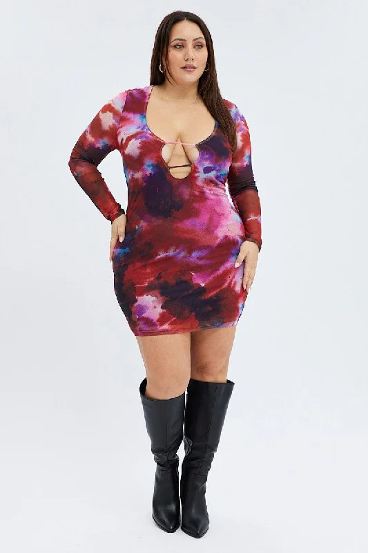 Multi Abstract Mesh Cutout Dress Long Sleeve Mini Length