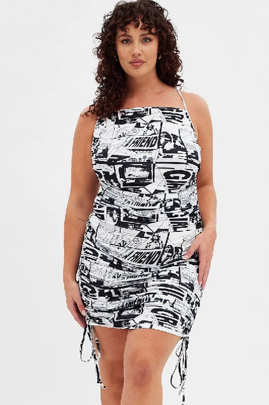 Multi Abstract Mini Dress Ruched Side Newsprint Cross Back