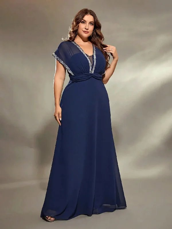 Navy Chiffon Silver Sequin Trim Plus Size Evening Dress