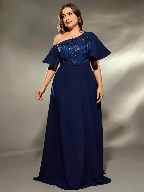 Navy Plus Size Diagonal Shoulder Evening Party Dress