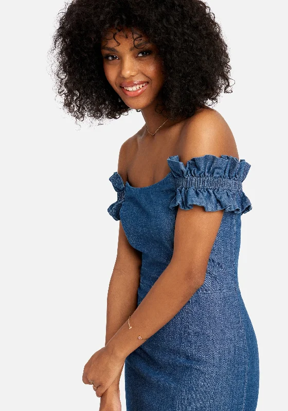 Off Shoulder Ruffle Detail Denim Dress