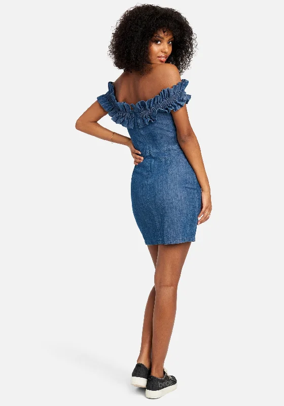 Off Shoulder Ruffle Detail Denim Dress