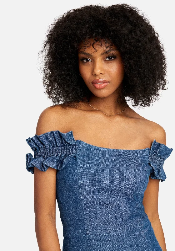 Off Shoulder Ruffle Detail Denim Dress