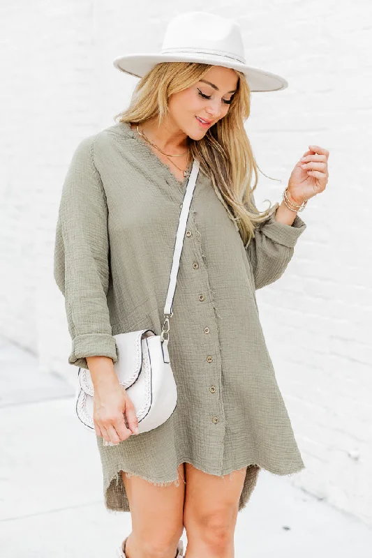 Catching Up Olive Gauze Button Up Dress FINAL SALE