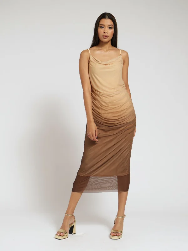 Ombre Mesh Ruched Midi Dress - Nude