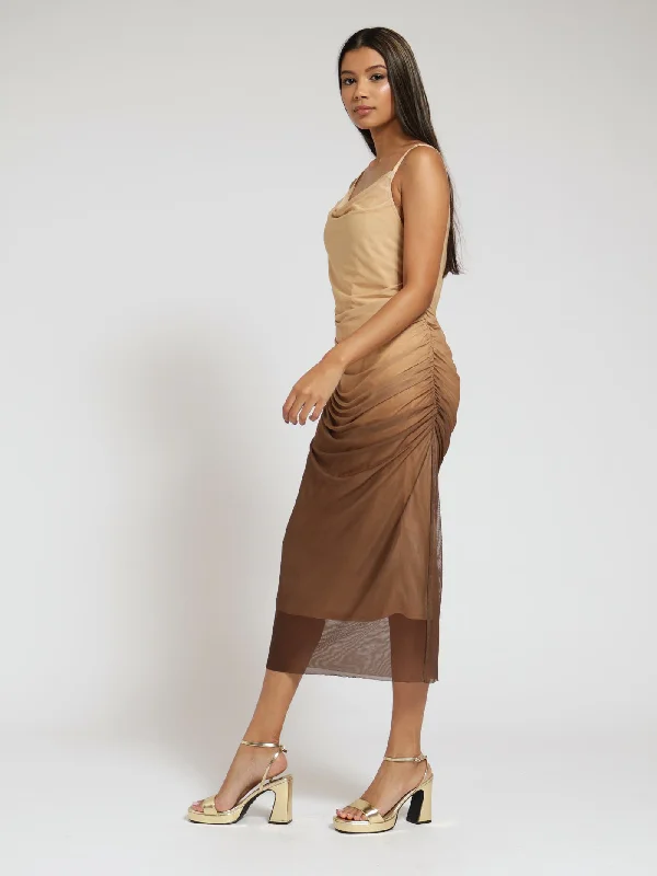 Ombre Mesh Ruched Midi Dress - Nude