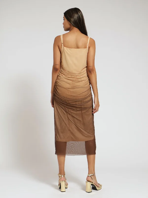 Ombre Mesh Ruched Midi Dress - Nude