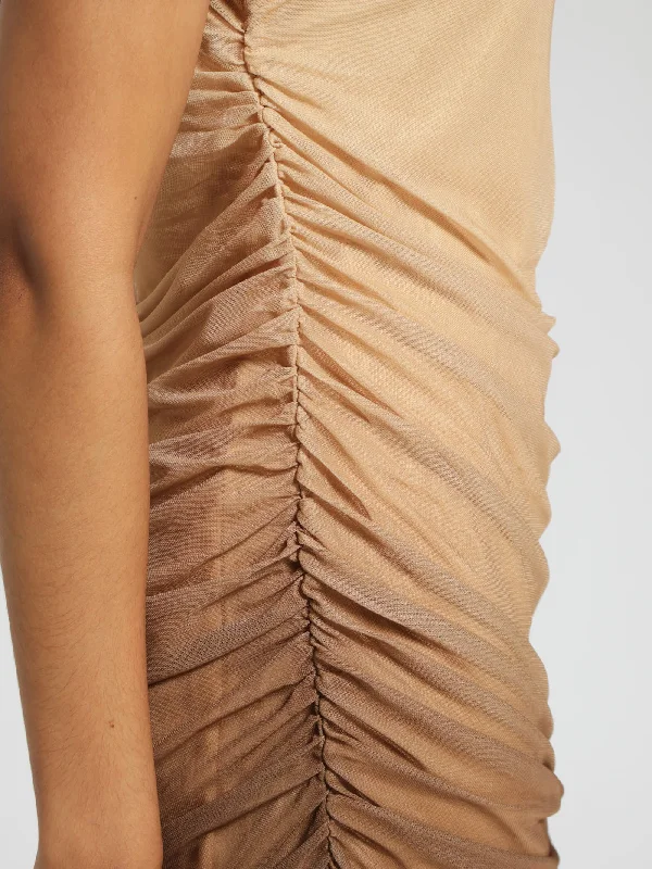 Ombre Mesh Ruched Midi Dress - Nude