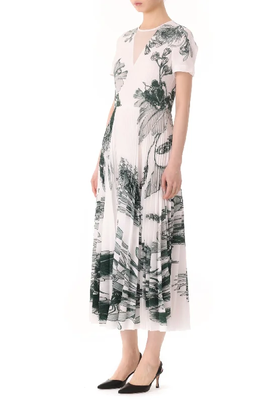 PINCUSHION FLORAL PRINTED PLEATED MIDI DRESS