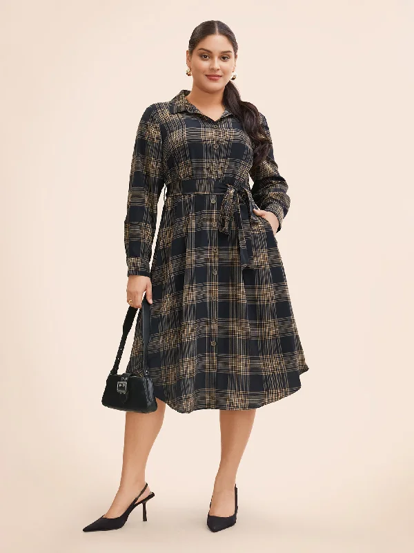 Plaid Shirt Collar Belted Midi Dress