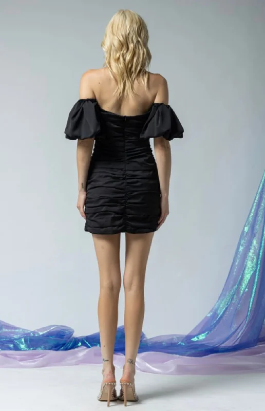 PLEATED SATIN DRESS IN BLACK