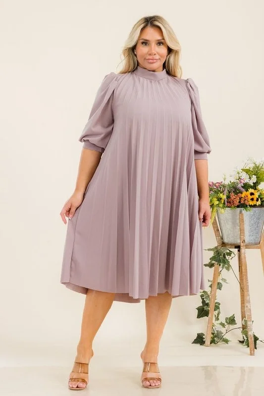 Plus Size Bishop Sleeves Pleated Knee Dress with Bow Tie Back