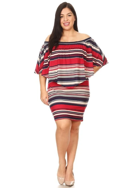 Plus Size Off Shoulder Multi Stripe Ruffle overlay bodycon Party Dress