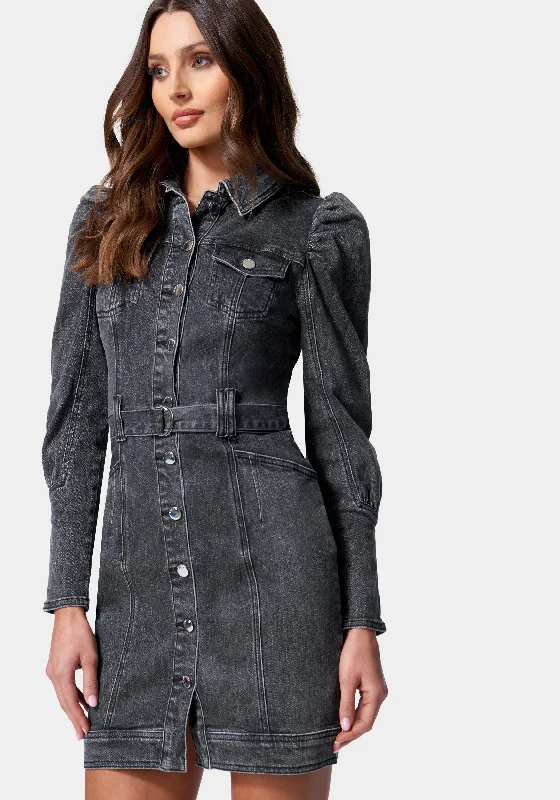 Puff Sleeve Button Down Denim Dress