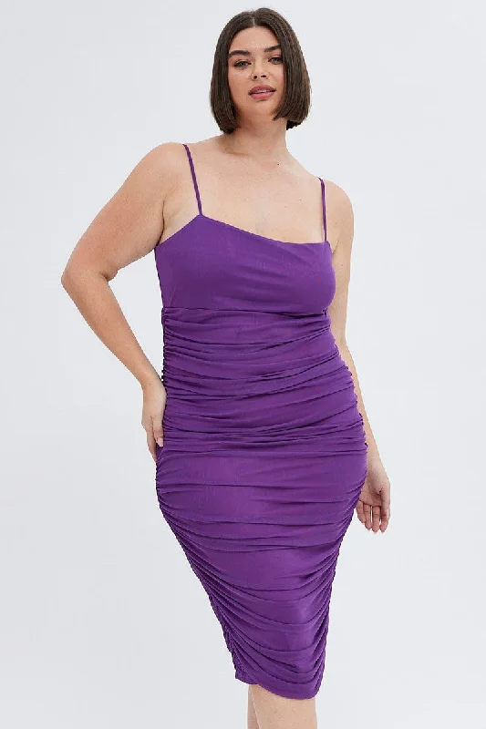 Purple Bodycon Dress Sleeveless Midi Mesh