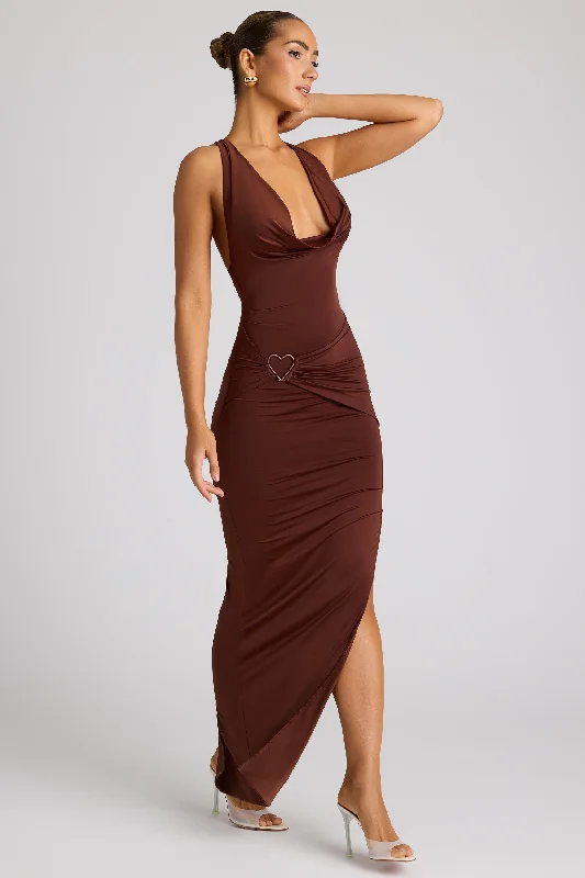 Multiwear Cowl Neck Wrap Over Evening Gown in Chocolate Brown